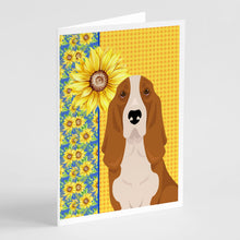 Load image into Gallery viewer, Summer Sunflowers Red and White Tricolor Basset Hound Greeting Cards -  Blank Note Cards – 8-Pack of Artist-Designed Cards with Envelopes
