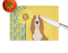 Load image into Gallery viewer, Summer Sunflowers Red and White Tricolor Basset Hound Glass Cutting Boards – Durable, Decorative Kitchen Art Large