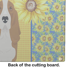 Load image into Gallery viewer, Summer Sunflowers Red and White Tricolor Basset Hound Glass Cutting Boards – Durable, Decorative Kitchen Art Large