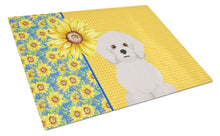 Load image into Gallery viewer, Summer Sunflowers Bichon Frise Glass Cutting Boards – Durable, Decorative Kitchen Art Large