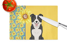 Load image into Gallery viewer, Summer Sunflowers Black and White Border Collie Glass Cutting Boards – Durable, Decorative Kitchen Art Large