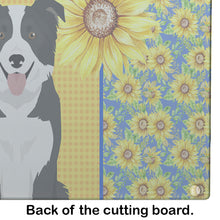 Load image into Gallery viewer, Summer Sunflowers Black and White Border Collie Glass Cutting Boards – Durable, Decorative Kitchen Art Large