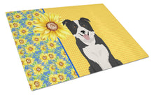 Load image into Gallery viewer, Summer Sunflowers Black and White Border Collie Glass Cutting Boards – Durable, Decorative Kitchen Art Large