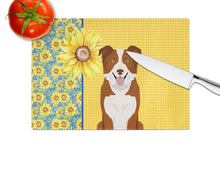 Load image into Gallery viewer, Summer Sunflowers Red and White Border Collie Glass Cutting Boards – Durable, Decorative Kitchen Art Large
