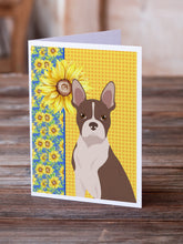 Load image into Gallery viewer, Summer Sunflowers Red Boston Terrier Greeting Cards -  Blank Note Cards – 8-Pack of Artist-Designed Cards with Envelopes
