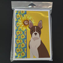 Load image into Gallery viewer, Summer Sunflowers Red Boston Terrier Greeting Cards -  Blank Note Cards – 8-Pack of Artist-Designed Cards with Envelopes