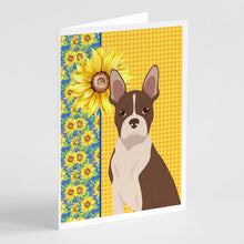 Load image into Gallery viewer, Summer Sunflowers Red Boston Terrier Greeting Cards -  Blank Note Cards – 8-Pack of Artist-Designed Cards with Envelopes