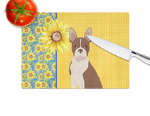 Load image into Gallery viewer, Summer Sunflowers Red Boston Terrier Glass Cutting Boards – Durable, Decorative Kitchen Art Large