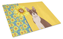 Load image into Gallery viewer, Summer Sunflowers Red Boston Terrier Glass Cutting Boards – Durable, Decorative Kitchen Art Large