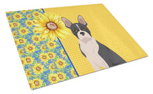 Load image into Gallery viewer, Summer Sunflowers Black Boston Terrier Glass Cutting Boards – Durable, Decorative Kitchen Art Large