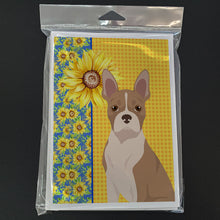 Load image into Gallery viewer, Summer Sunflowers Fawn Boston Terrier Greeting Cards -  Blank Note Cards – 8-Pack of Artist-Designed Cards with Envelopes