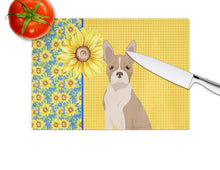 Load image into Gallery viewer, Summer Sunflowers Fawn Boston Terrier Glass Cutting Boards – Durable, Decorative Kitchen Art Large
