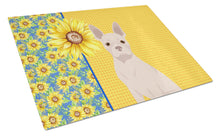 Load image into Gallery viewer, Summer Sunflowers White Boston Terrier Glass Cutting Boards – Durable, Decorative Kitchen Art Large