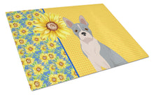 Load image into Gallery viewer, Summer Sunflowers Blue Boston Terrier Glass Cutting Boards – Durable, Decorative Kitchen Art Large