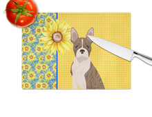 Load image into Gallery viewer, Summer Sunflowers Brindle Boston Terrier Glass Cutting Boards – Durable, Decorative Kitchen Art Large