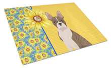 Load image into Gallery viewer, Summer Sunflowers Brindle Boston Terrier Glass Cutting Boards – Durable, Decorative Kitchen Art Large