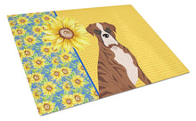 Load image into Gallery viewer, Summer Sunflowers Natural Eared Red Brindle Boxer Glass Cutting Boards – Durable, Decorative Kitchen Art Large
