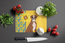 Load image into Gallery viewer, Summer Sunflowers Natural Eared Red Fawn Boxer Glass Cutting Boards – Durable, Decorative Kitchen Art Large