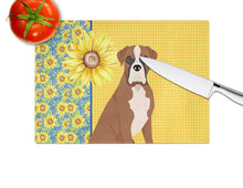 Load image into Gallery viewer, Summer Sunflowers Natural Eared Red Fawn Boxer Glass Cutting Boards – Durable, Decorative Kitchen Art Large