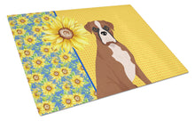 Load image into Gallery viewer, Summer Sunflowers Natural Eared Red Fawn Boxer Glass Cutting Boards – Durable, Decorative Kitchen Art Large
