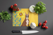 Load image into Gallery viewer, Summer Sunflowers Red Brindle Boxer Glass Cutting Boards – Durable, Decorative Kitchen Art Large