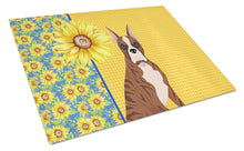 Load image into Gallery viewer, Summer Sunflowers Red Brindle Boxer Glass Cutting Boards – Durable, Decorative Kitchen Art Large