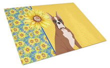 Load image into Gallery viewer, Summer Sunflowers Red Fawn Boxer Glass Cutting Boards – Durable, Decorative Kitchen Art Large