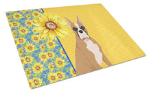 Load image into Gallery viewer, Summer Sunflowers Fawn Boxer Glass Cutting Boards – Durable, Decorative Kitchen Art Large