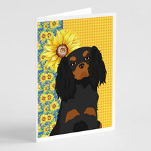 Load image into Gallery viewer, Summer Sunflowers Black and Tan Cavalier Spaniel Greeting Cards -  Blank Note Cards – 8-Pack of Artist-Designed Cards with Envelopes