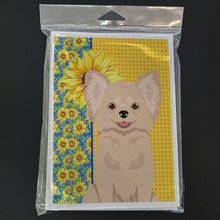 Load image into Gallery viewer, Summer Sunflowers Longhaired Cream Chihuahua Greeting Cards -  Blank Note Cards – 8-Pack of Artist-Designed Cards with Envelopes
