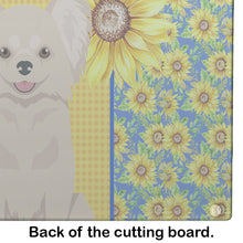 Load image into Gallery viewer, Summer Sunflowers Longhaired Cream Chihuahua Glass Cutting Boards – Durable, Decorative Kitchen Art Large