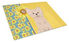Load image into Gallery viewer, Summer Sunflowers Longhaired Cream Chihuahua Glass Cutting Boards – Durable, Decorative Kitchen Art Large