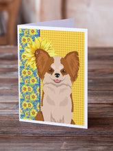 Load image into Gallery viewer, Summer Sunflowers Longhaired Red and White Chihuahua Greeting Cards -  Blank Note Cards – 8-Pack of Artist-Designed Cards with Envelopes