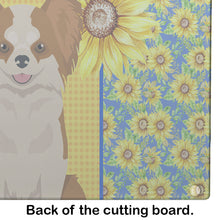 Load image into Gallery viewer, Summer Sunflowers Longhaired Red and White Chihuahua Glass Cutting Boards – Durable, Decorative Kitchen Art Large