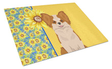 Load image into Gallery viewer, Summer Sunflowers Longhaired Red and White Chihuahua Glass Cutting Boards – Durable, Decorative Kitchen Art Large