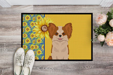 Load image into Gallery viewer, Summer Sunflowers Longhaired Red and White Chihuahua Doormat - 18x27 Decorative Floor Mat – Indoor/Outdoor Rug with Artistic Flair