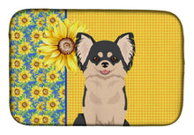 Load image into Gallery viewer, Summer Sunflowers Longhaired Black and White Chihuahua Dish Drying Mat – Absorbent, Artistic Kitchen Essentials