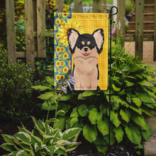 Load image into Gallery viewer, Summer Sunflowers Longhaired Black and White Chihuahua Garden Flag – Decorative Outdoor Yard Flag