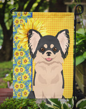 Load image into Gallery viewer, Summer Sunflowers Longhaired Black and White Chihuahua Garden Flag – Decorative Outdoor Yard Flag