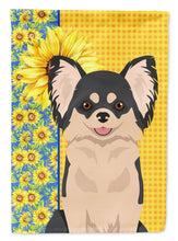 Load image into Gallery viewer, Summer Sunflowers Longhaired Black and White Chihuahua Garden Flag – Decorative Outdoor Yard Flag