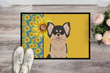 Load image into Gallery viewer, Summer Sunflowers Longhaired Black and White Chihuahua Doormat - 24x36 Decorative Floor Mat – Indoor/Outdoor Rug with Artistic Flair