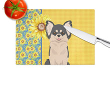 Load image into Gallery viewer, Summer Sunflowers Longhaired Black and White Chihuahua Glass Cutting Boards – Durable, Decorative Kitchen Art Large
