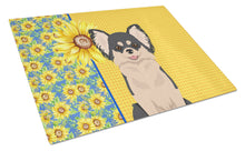 Load image into Gallery viewer, Summer Sunflowers Longhaired Black and White Chihuahua Glass Cutting Boards – Durable, Decorative Kitchen Art Large