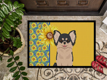 Load image into Gallery viewer, Summer Sunflowers Longhaired Black and White Chihuahua Doormat - 18x27 Decorative Floor Mat – Indoor/Outdoor Rug with Artistic Flair