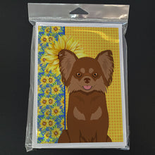 Load image into Gallery viewer, Summer Sunflowers Longhaired Chocolate and Tan Chihuahua Greeting Cards -  Blank Note Cards – 8-Pack of Artist-Designed Cards with Envelopes