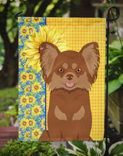 Load image into Gallery viewer, Summer Sunflowers Longhaired Chocolate and Tan Chihuahua Garden Flag – Decorative Outdoor Yard Flag