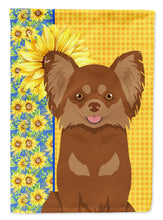 Load image into Gallery viewer, Summer Sunflowers Longhaired Chocolate and Tan Chihuahua Garden Flag – Decorative Outdoor Yard Flag