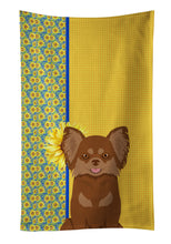 Load image into Gallery viewer, Summer Sunflowers Longhaired Chocolate and Tan Chihuahua Kitchen Towel