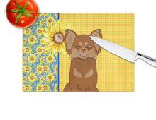 Load image into Gallery viewer, Summer Sunflowers Longhaired Chocolate and Tan Chihuahua Glass Cutting Boards – Durable, Decorative Kitchen Art Large