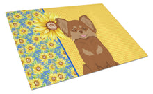 Load image into Gallery viewer, Summer Sunflowers Longhaired Chocolate and Tan Chihuahua Glass Cutting Boards – Durable, Decorative Kitchen Art Large